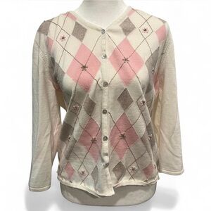 Alfred Dunner Pink and Cream Argyle Cardigan